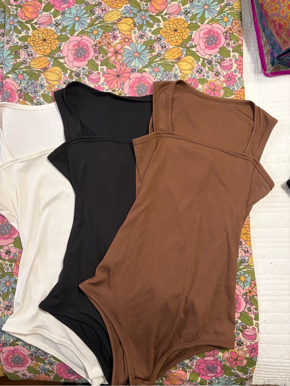 Three Women’s Ribbed Square-Neck Bodysuit - White, Black & Brown